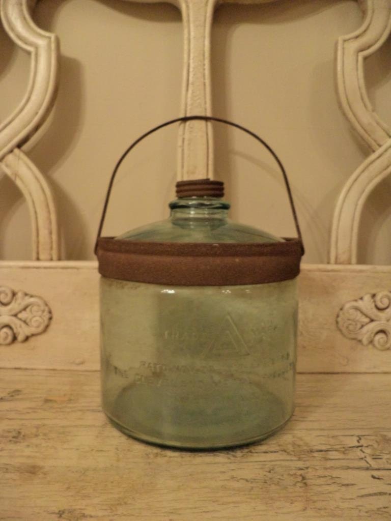 Vintage Glass Kerosene Jug - Glass Kerosene Bottle - Rustic Home Decor - Aqua Glass