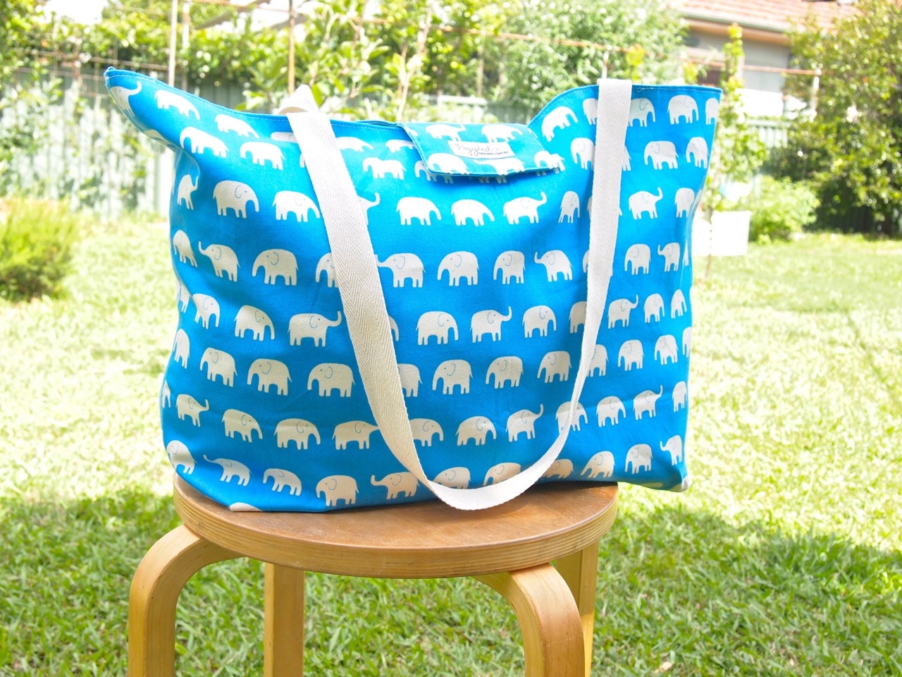 Choose Your Colour: Extra-Large Beach Tote Bag / Nappy Diaper Bag with Built-in Wet Bag Pocket - Elephants (Made to Order)