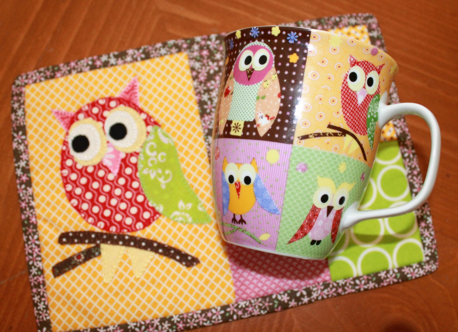 Owl Hand Appliqued Mug Rug & Matching Mug Set