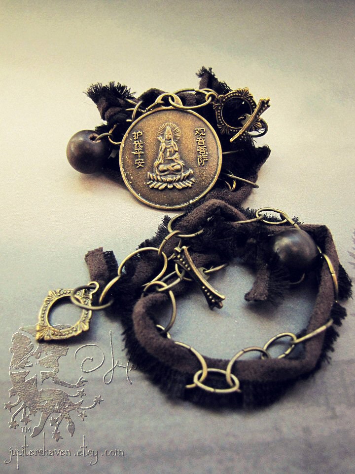 Divinity Necklace Bracelet Set - Quan Kwan Yin Buddhist Goddess Of Compassion Chinese Dragon Coin Charm Chocolate Mocha Brown Boho - Suede