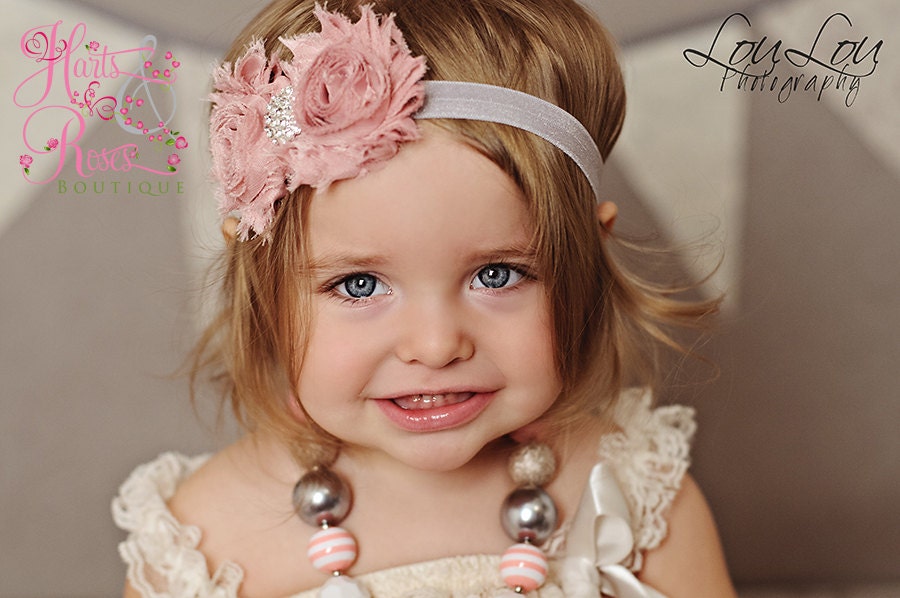 Baby Hair Bow, flower headband, baby headbands, shabby chic roses headband, baby girl headband, hairbow, hair bows, baby bow