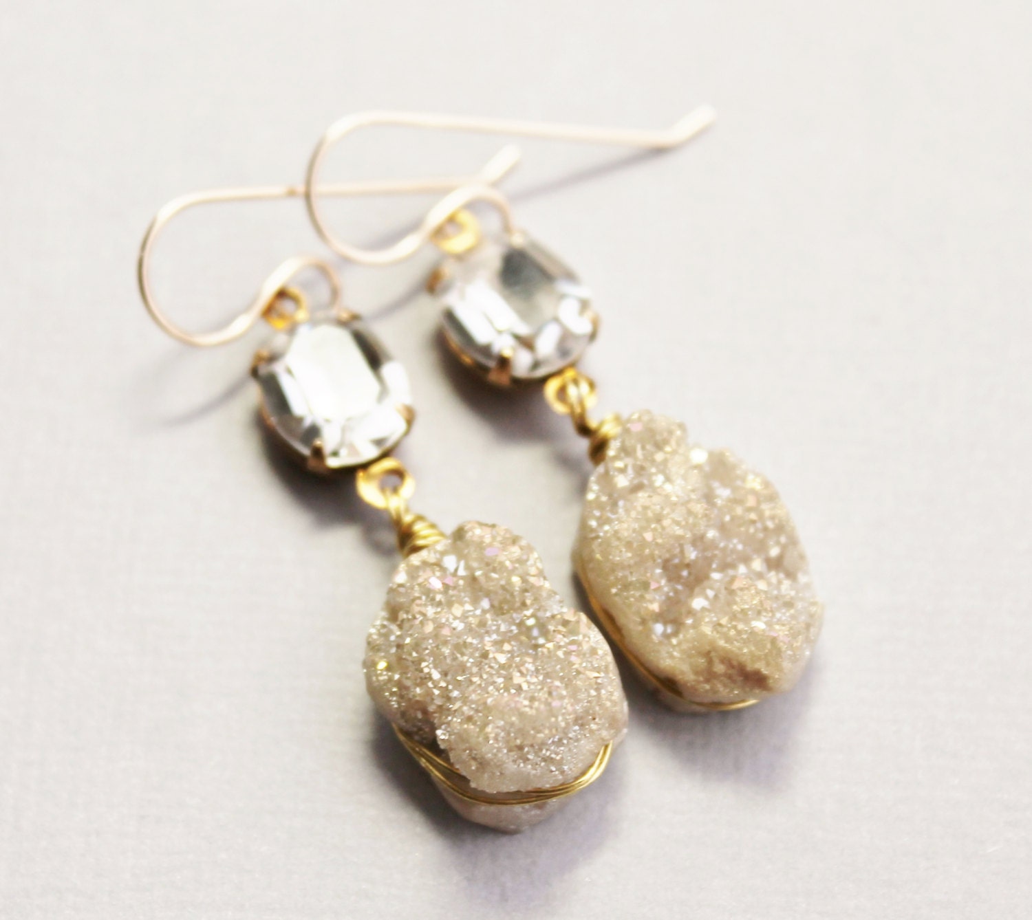 Champagne Druzy Earrings.Bridal Earrings.Ivory & Vintage Rhinestone Druzy.Drusy.14K Gold Filled.Something Old.Nature.Beach.OOAK