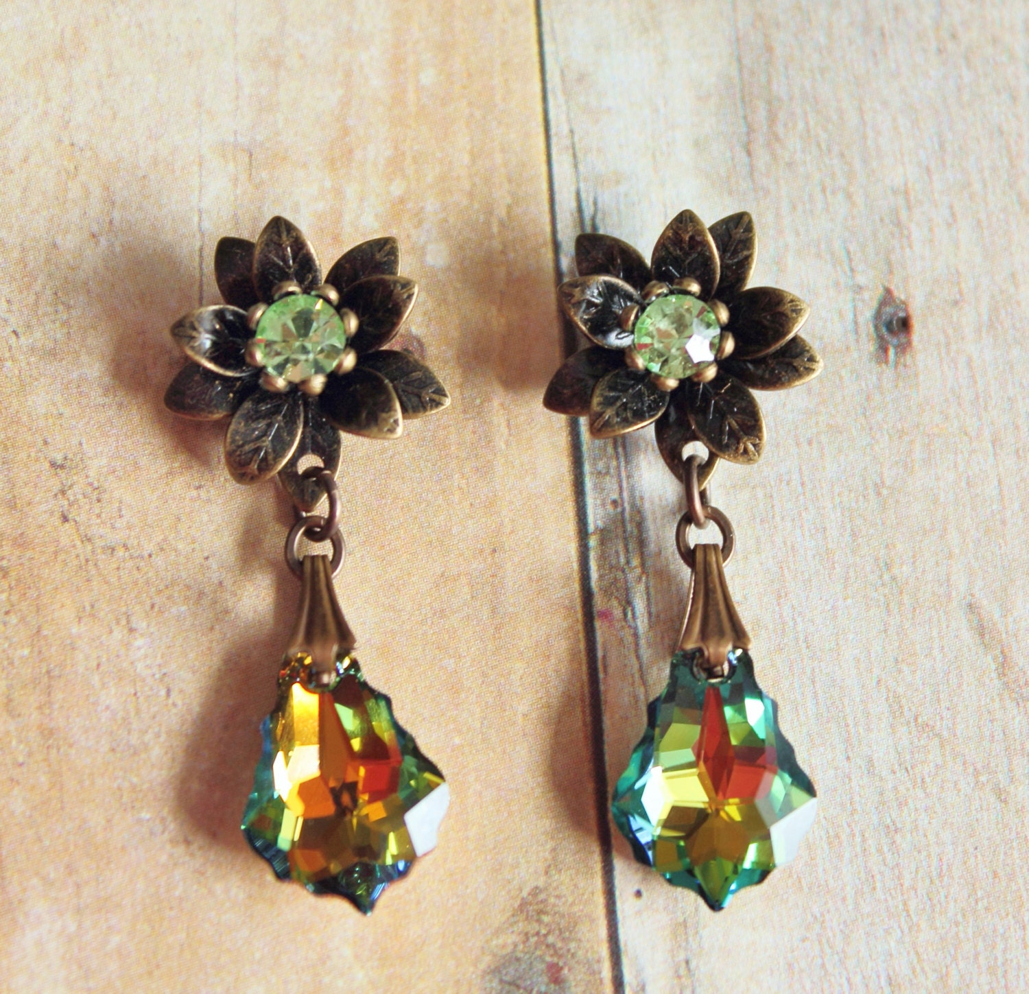 Sahara Sparklers - Flower Post Dangle Earrings, Rainbow Hues, Large Swarovski Crystal Post Earrings, Bridal, Weddings, Colorful