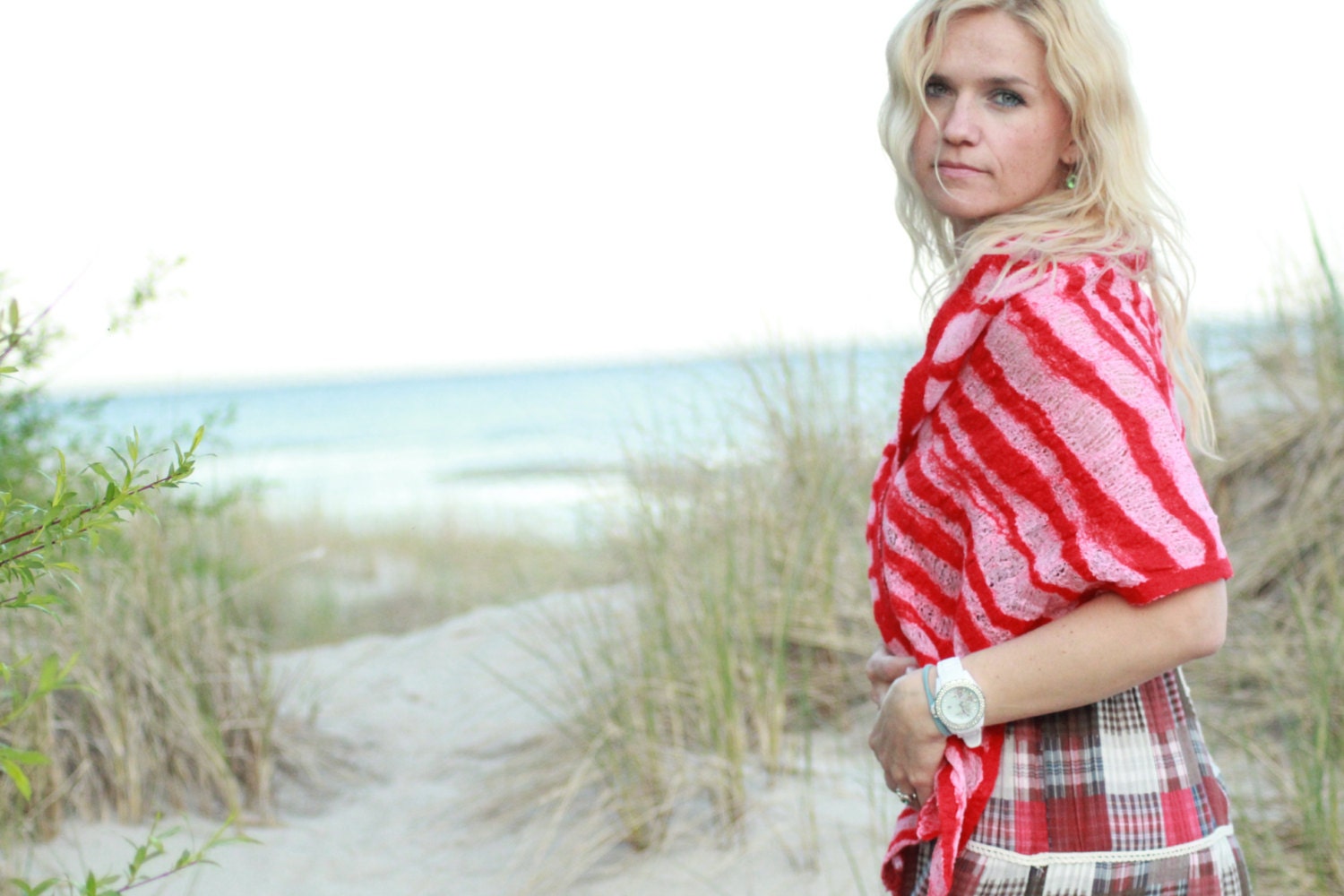Nuno felted scarf shawl with merino wool and hand dyed cotton gauze