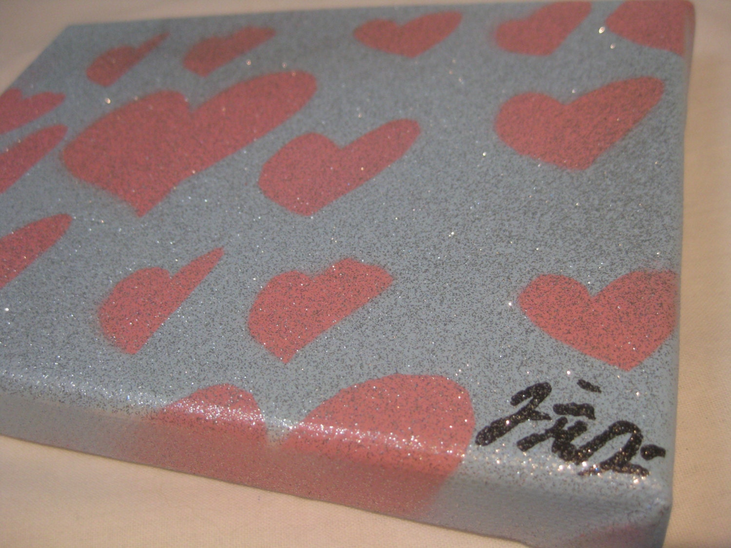 Glitter Hearts in the Sky - Original Spray Paint Stencil Graffiti in Baby Blue & Pink Colors on Canvas