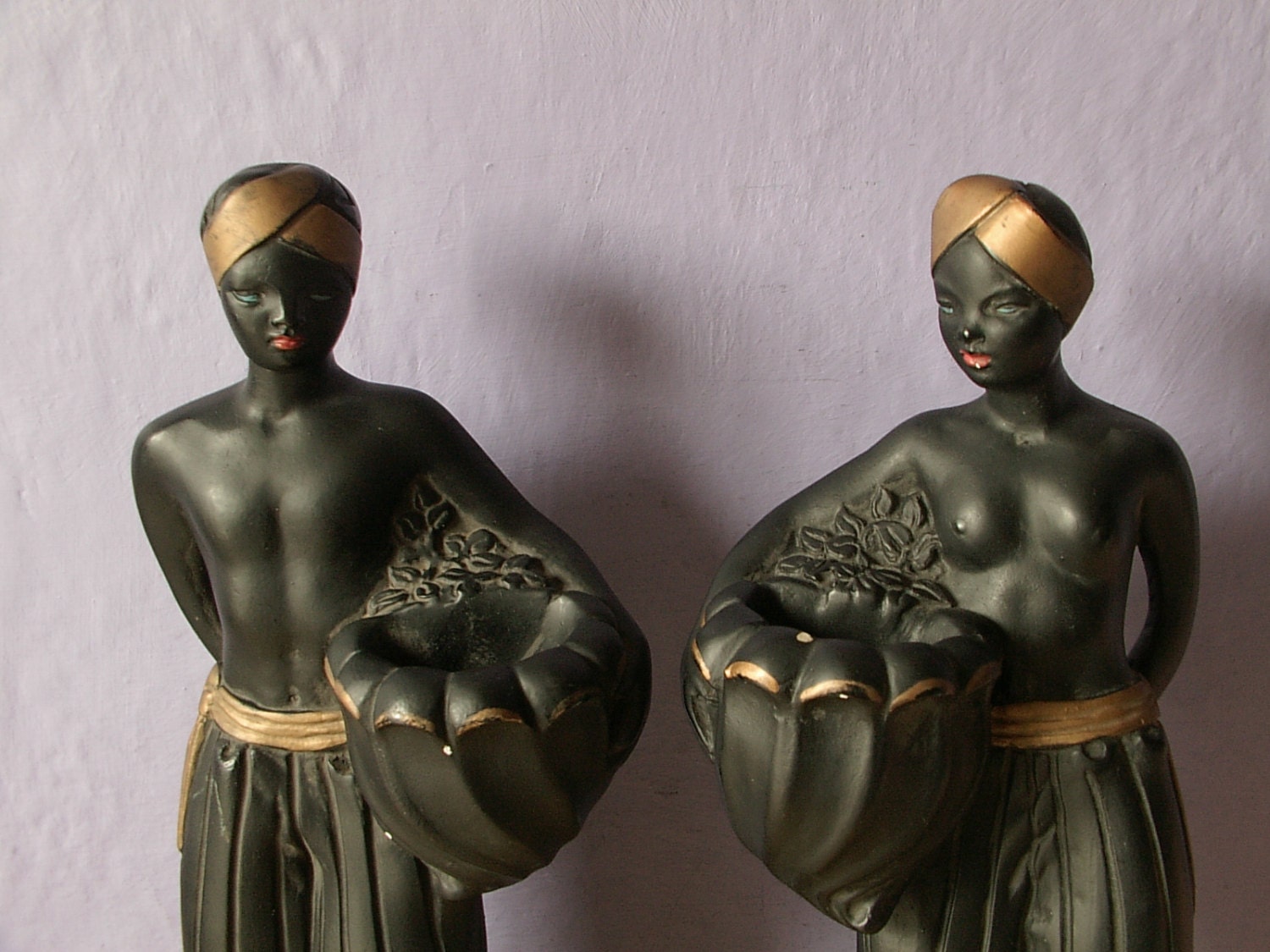 vintage 1950's mid century decor, Alexander Backer blackamoor chalkware figurines, black gold decor, antique nude figurines