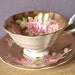 Antique gold tea cup and saucer set, vintage Queen Anne English tea set, pink rose bone china tea cup