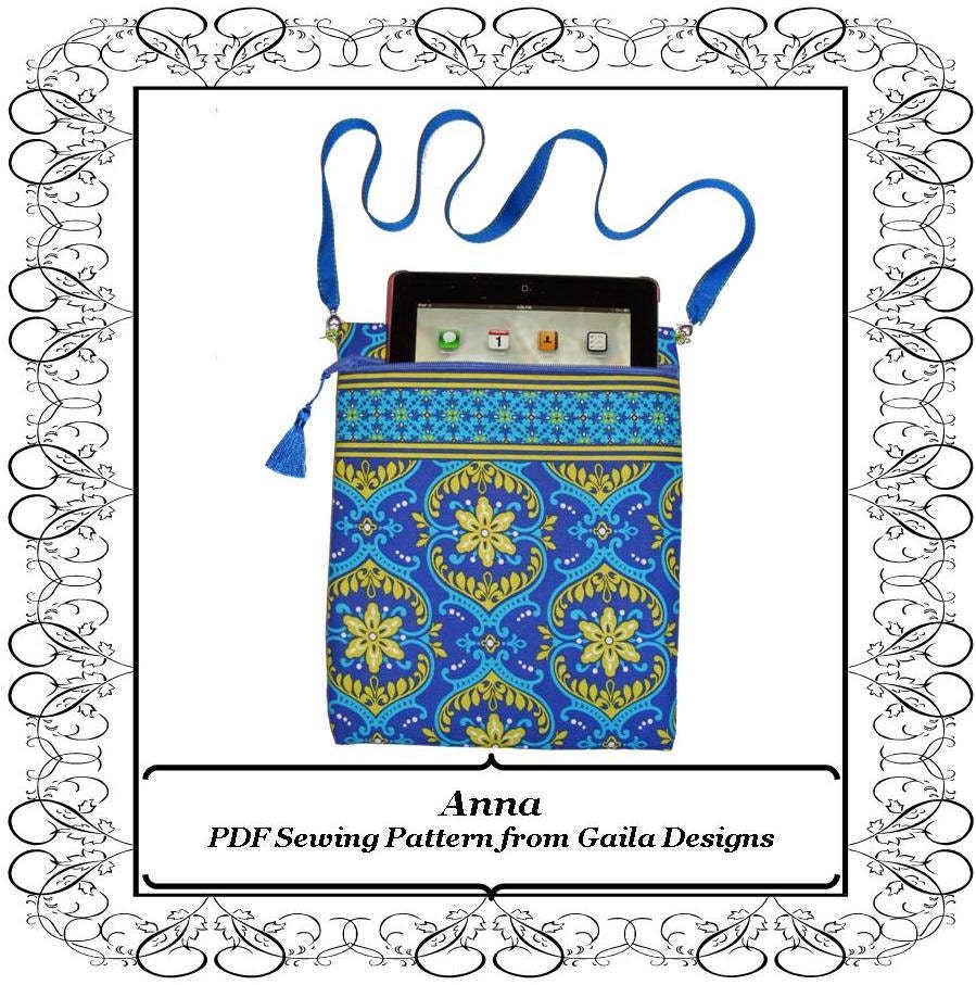 PDF Sewing Pattern iPad 1,2 3,4 tablet, Kindle Fire HD 8.9" case cover with offset zipper fully lined and padded with shoulder strap "Anna"