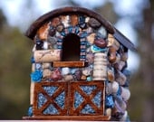 Moasic Birdhouse - Barn with Recycled Wine Corks and Blue Agates