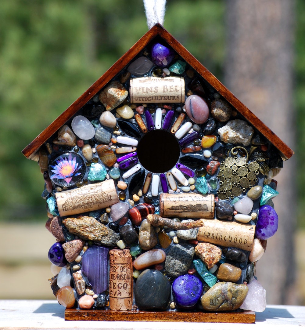 Mosaic Garden Birdhouse with Wine Corks and Grapes