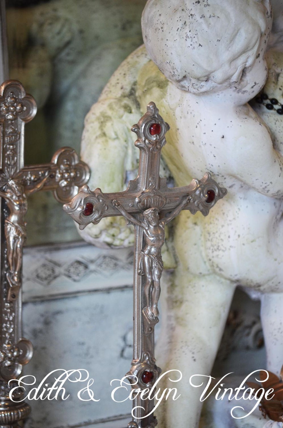 Antique French Crucifix with Red Stones