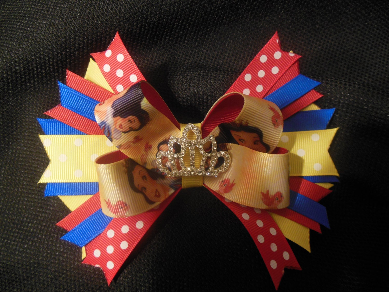 Princess Snow White bow boutique 5 inch with rhinestone tiara center
