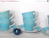 SALE Vintage Aqua China, Ironstone Cups and Saucers, Empress Ironstone in Moderne Blue