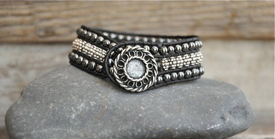Hematite and Tibetan Silver Cuff Leather Wrap Bracelet