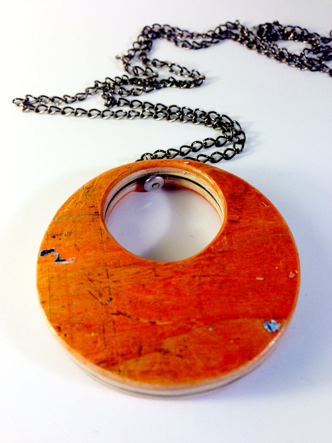 Recycled Skateboard Wood Pendant Necklace Orange Black Label