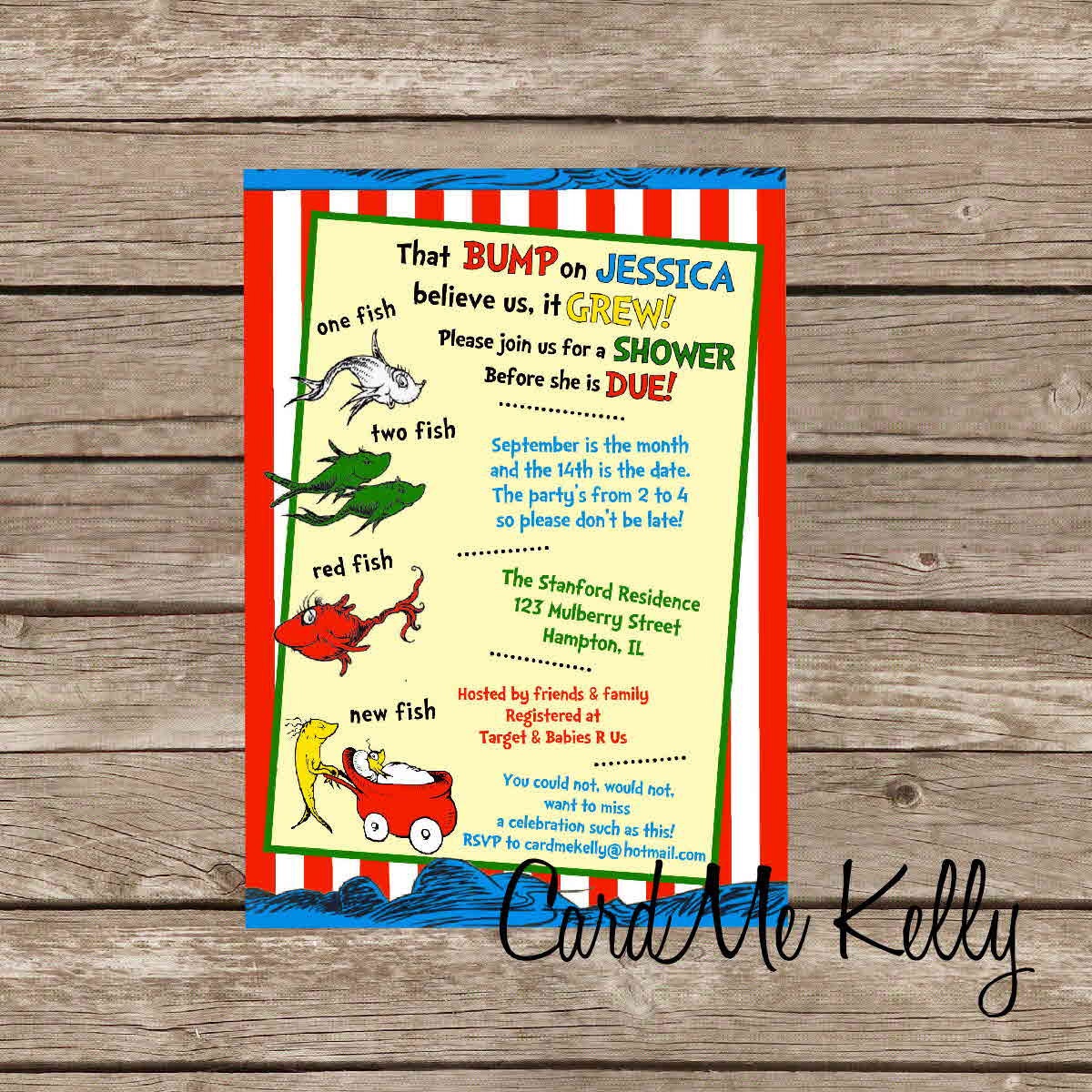 Printable Yellow or White Dr. Seuss One Fish Two Fish 1 fish 2 fish Red Fish Blue Fish Inspired Baby Shower Invitation- Digital File
