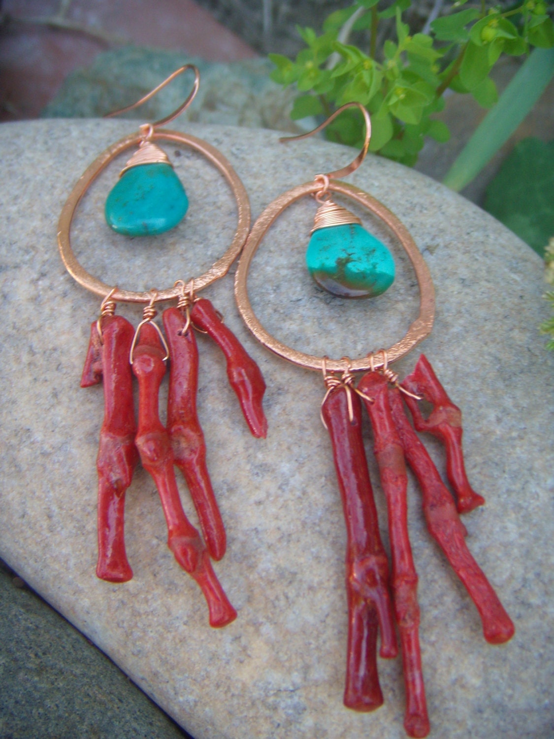 Coral & Turquoise Earrings - Hammered Copper Earrings - Long Dangle Earrings - Native American - Southwestern