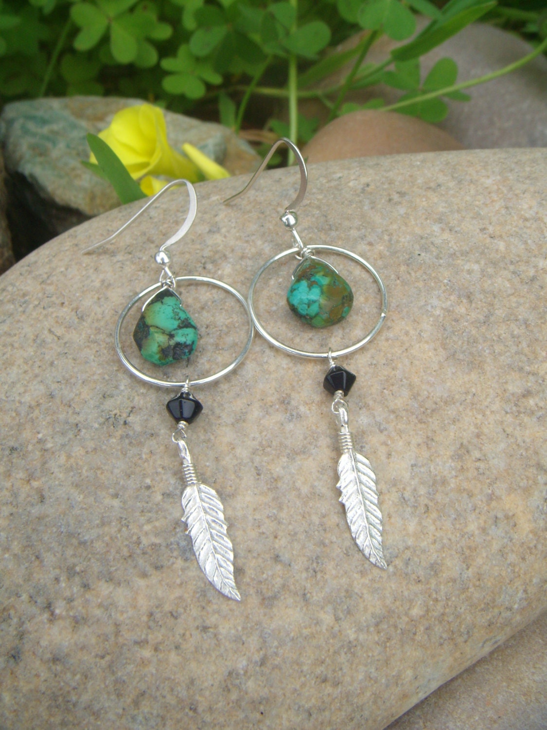 Sterling Silver Feather Earrings - Hoop Dangle Earrings - Native American - Turquoise - Crystal Accent