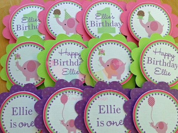 Set of 12 Personalized Elephant Cupcake Toppers -Pink, Green, and Purple Girl Elephant Cupcake Toppers -Elephant Birthday -Elephant Il_570xn