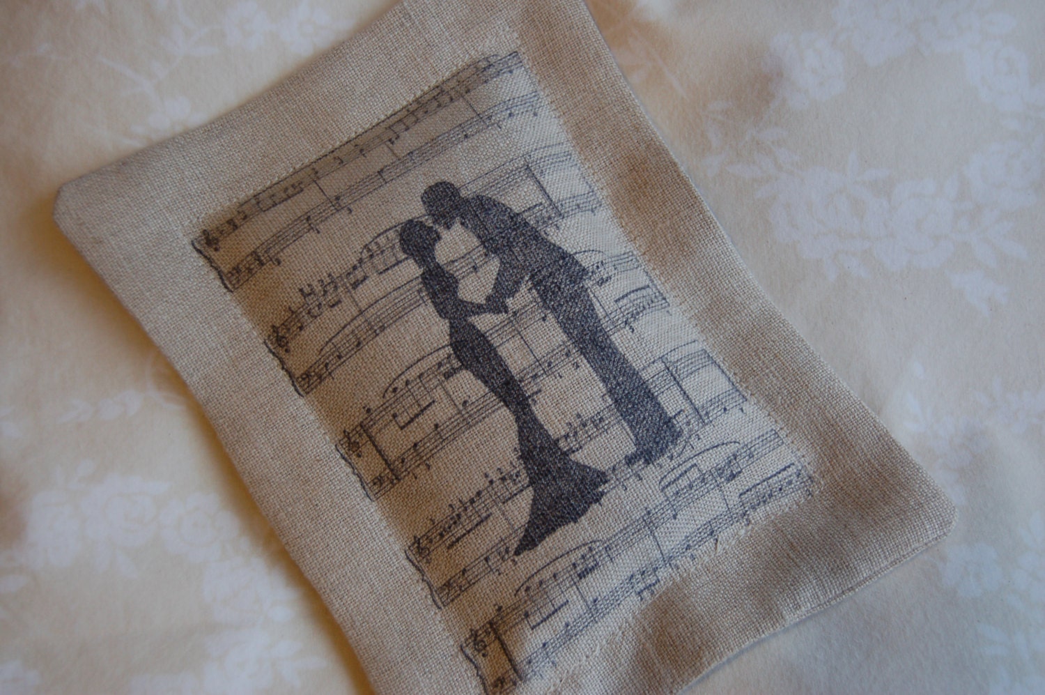 Romantic Lavender Sachet -Wedding Couple/ Bride and Groom Kissing w/ Musical Notes/ Sheet Music -Black on Linen (under 10 dollars)
