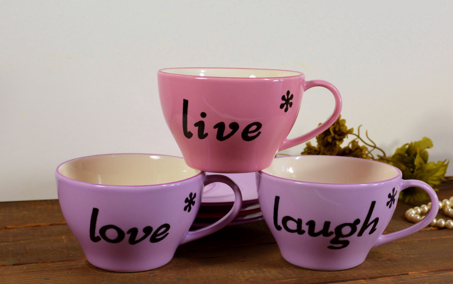 Live laugh love coffee mugs / cute purple and pink coffee mug set /  coffee cups / matching saucers upcycled
