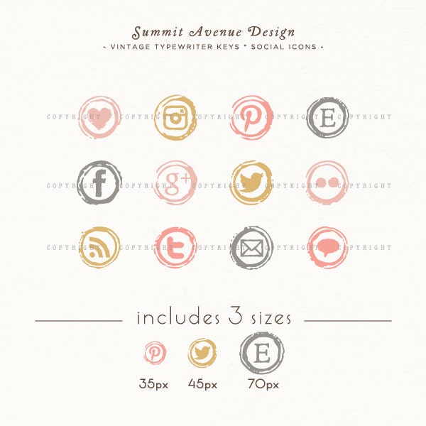INSTANT DOWNLOAD - Type Writer Keys Social Icons for your blog or website - romantic blush colors