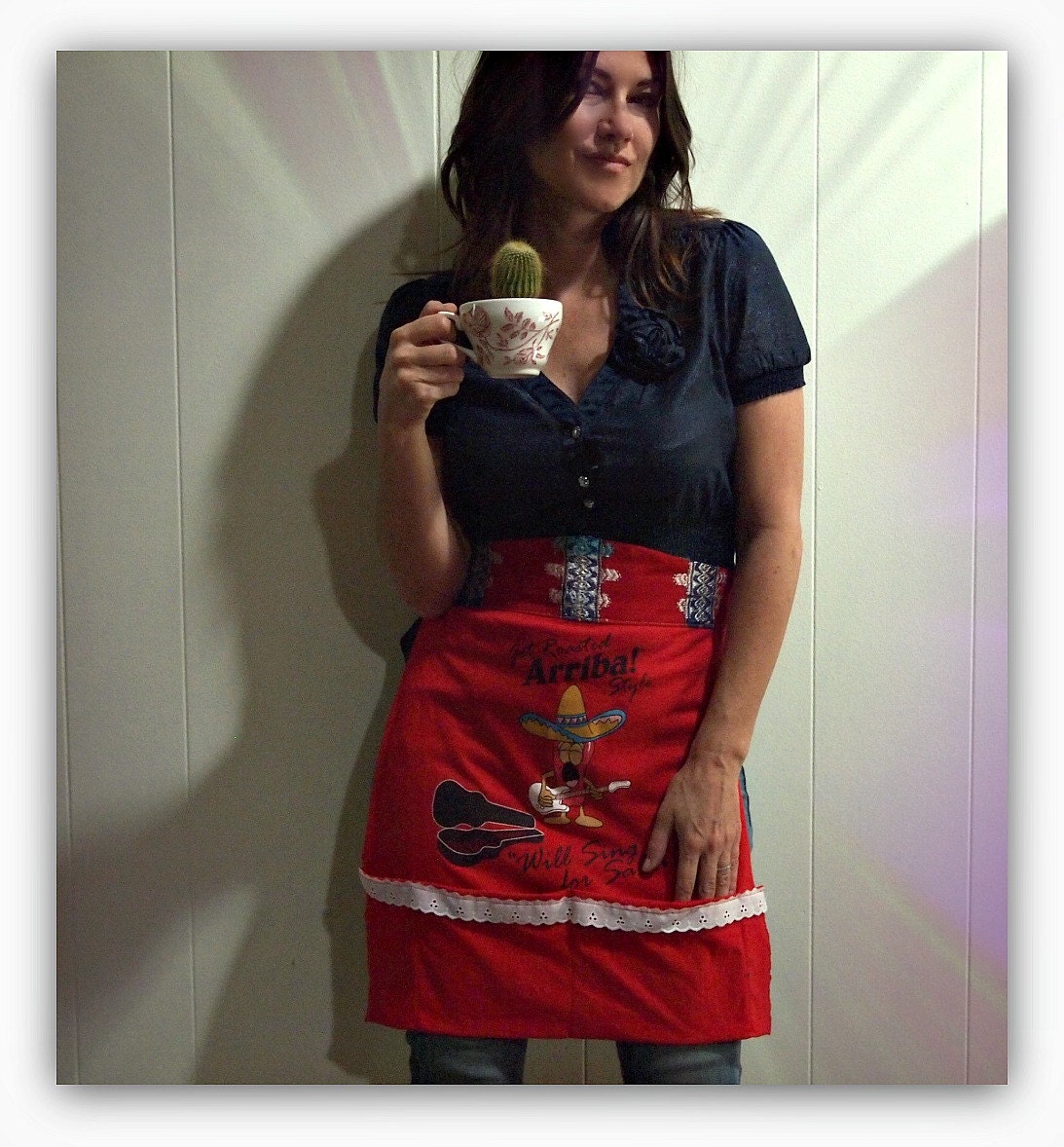 southwestern apron  salsa apron red womens apron fun funky apron recycled clothing
