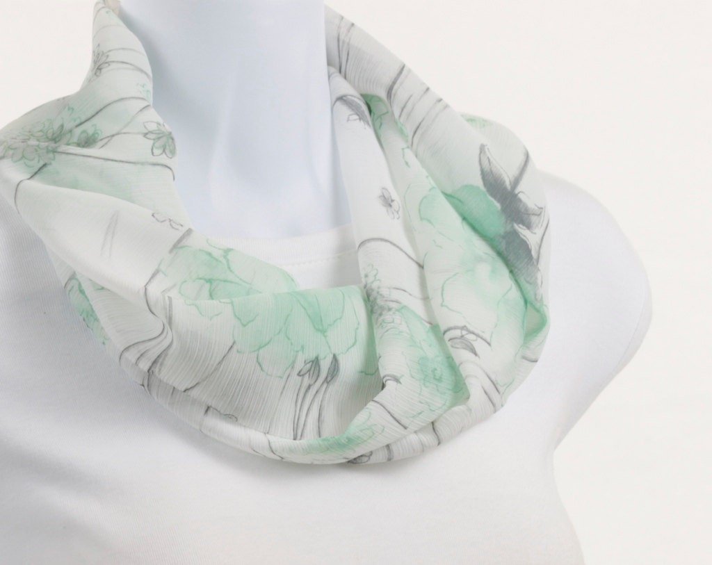 Crepe White, Gray and Mint Green short Floral INFINITY scarf by neckstyles - neckStyles