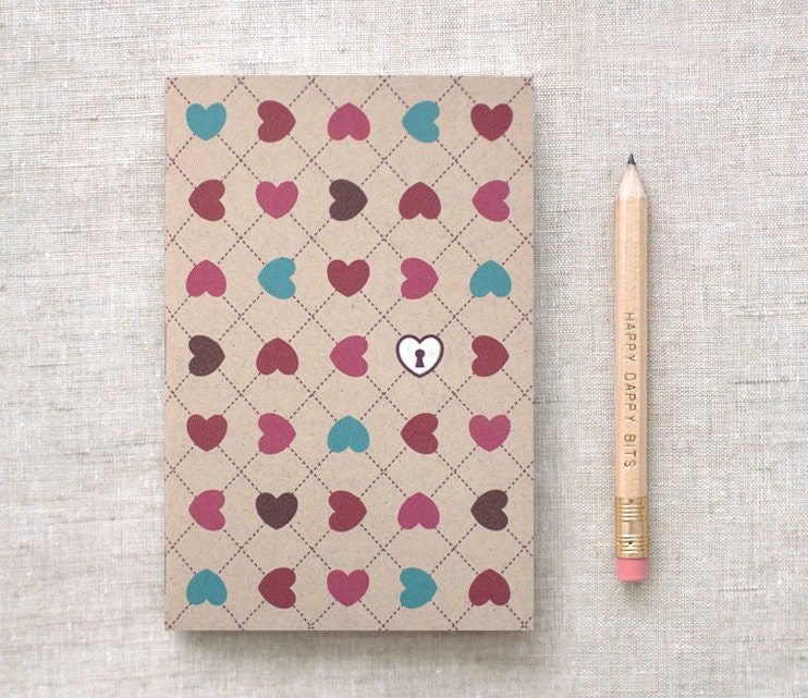 Valentine's Day Journal & Pencil Set - Hearts and Lock - Mini Sketchbook - Hand Painted