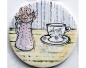 Hand painted ceramic coaster-retro style still life-tea cup and pitcher