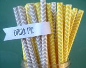 Yellow and Gray Chevron Paper Straws - Set of 50 Chevron Drinking Straws w/ DIY Printable Toppers