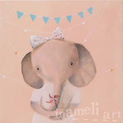 12x 12 inch Painting Baby Girl Nursery,  Pink Shabby Chic Nursery Decor, Acrylic Illustration of Elephant and windmill