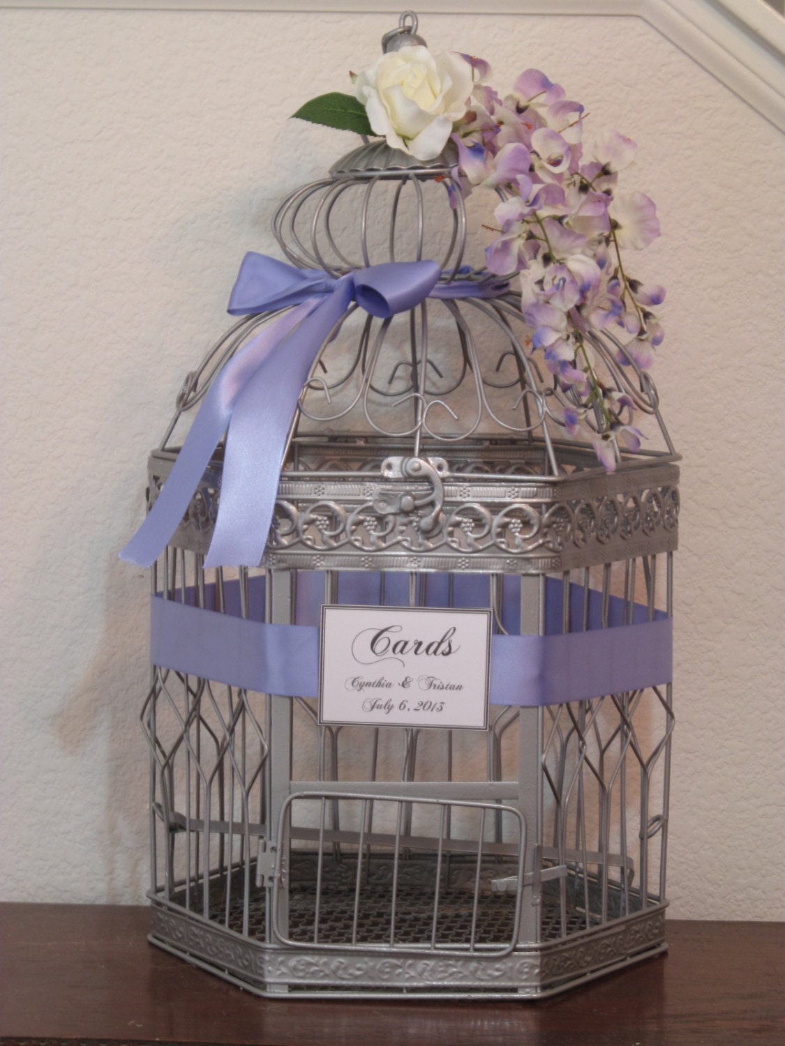 Wedding Card Box X Large  / Silver / Lavender Wisteria /  Bird Cage Wedding Card Holder /
