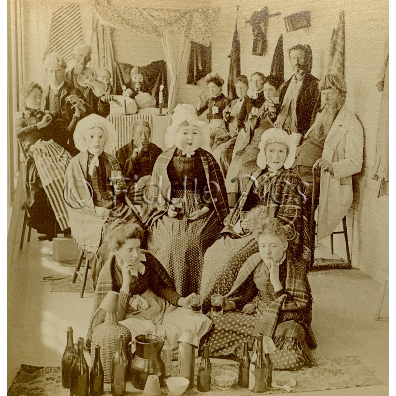 Antique Photograph / The Wake / Masks, Wine Bottles, Violinist / BAZAAR Photo / Kilburn Stereoview