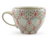 Ceramic Cappuccino Mug, Coffee Mug with Red, Navy Blue and Turquoise Pattern