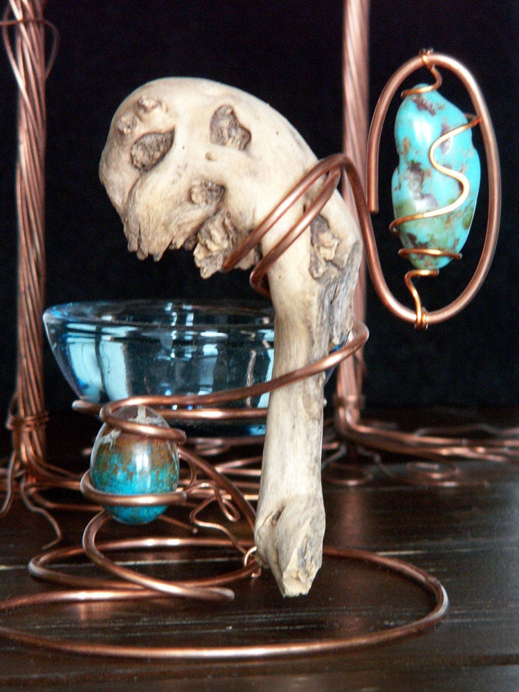 Copper Sculpture with tea light candle holder Turquoise and Drift Wood One of a Kind