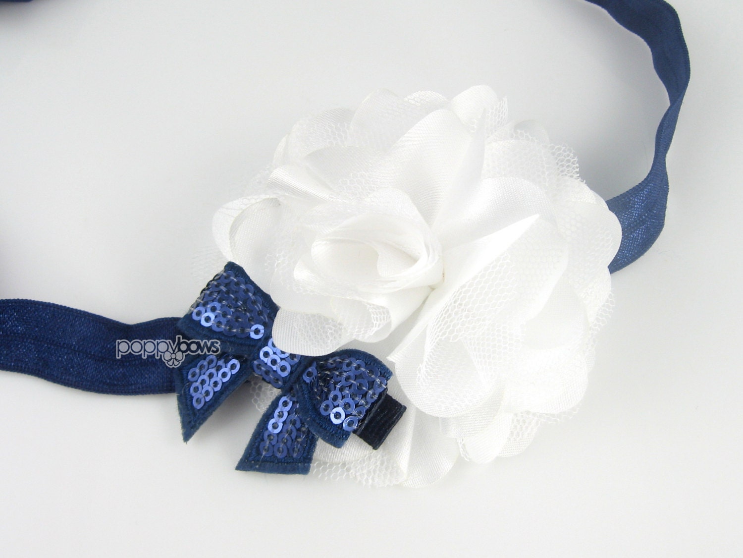 Navy Blue and White Baby Headband - Satin Rosette Puff Flower Sequin Bow Wide Elastic - Newborn Baby Toddler Girl