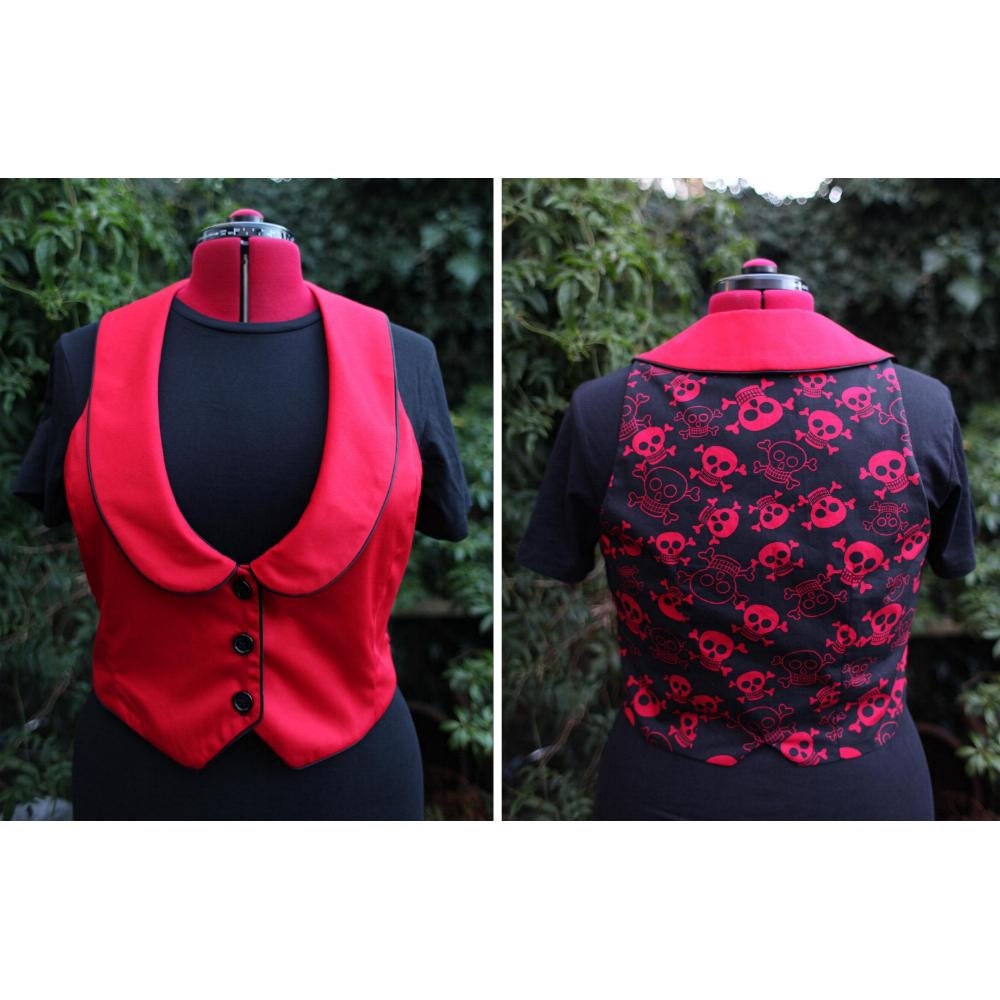 red and black Ladies vest  - cropped fitted fully lined waistcoat. cheeky skulls back plus size