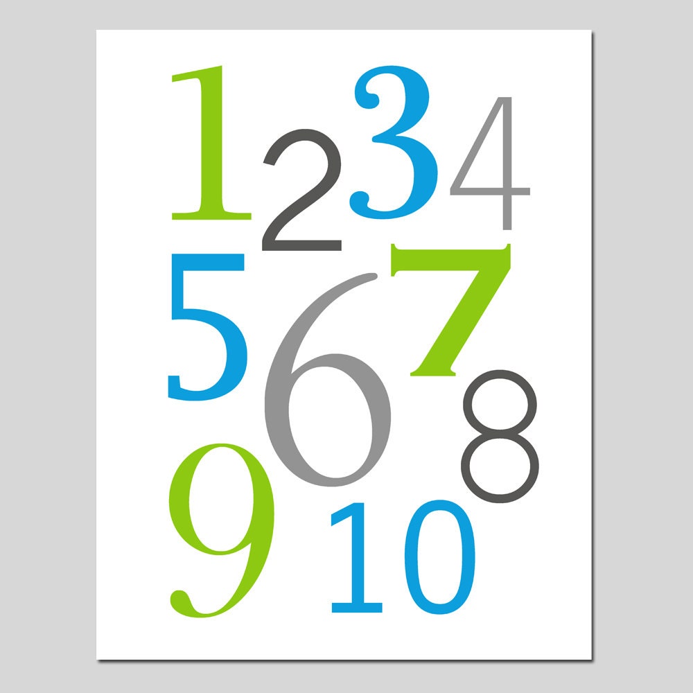 SALE - Numbers - One Through Ten - 11x14 Print - Kids Wall Art for Nursery or Playroom - Apple Green, Waters Blue, Gray, Gunmetal, White
