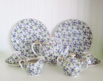 Vintage Chintz Lefton Violets Tea Set Teapot Purple Flowers Floral China Shabby Cottage Summer Picnic Summer Wedding