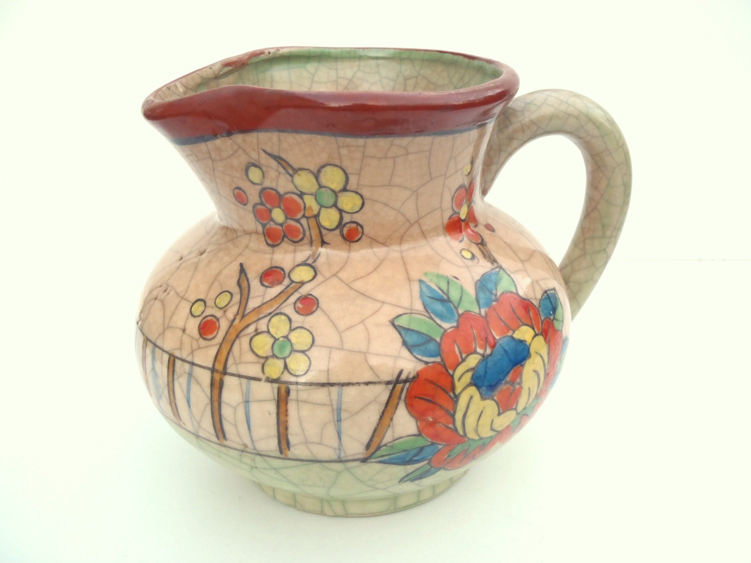 Vintage Crackle Glaze Pitcher: Made in Japan Hand Painted Flower Design, Intense Colors Red Orange Blue Green Yellow Blue, Art Pottery 1950s