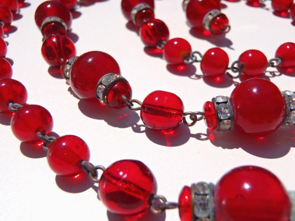Vintage Art Deco Red Glass Bead Rhinestone Rondelle Necklace 1920s-1930s Gatsby Red Round Ball Bead and Sparkle 39 Inches Flapper Jewelry
