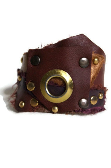 Leather Cuff Bracelet with Brass Grommets. Purple, Brown, and Gold Leather