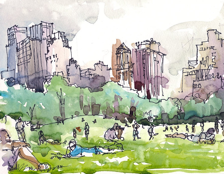 New York, Central Park watercolor sketch, Sheep Meadow a watercolor sketch in grey and green - 8x10 art print