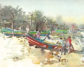 India sketch Fishing Boats at dawn, 8x10 print from a watercolor sketch