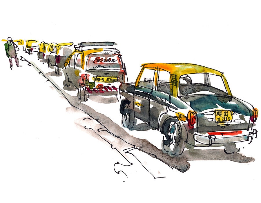 India sketch taxi cabs in yellow and black , Mumbai, India 8x10 print from a watercolor sketch