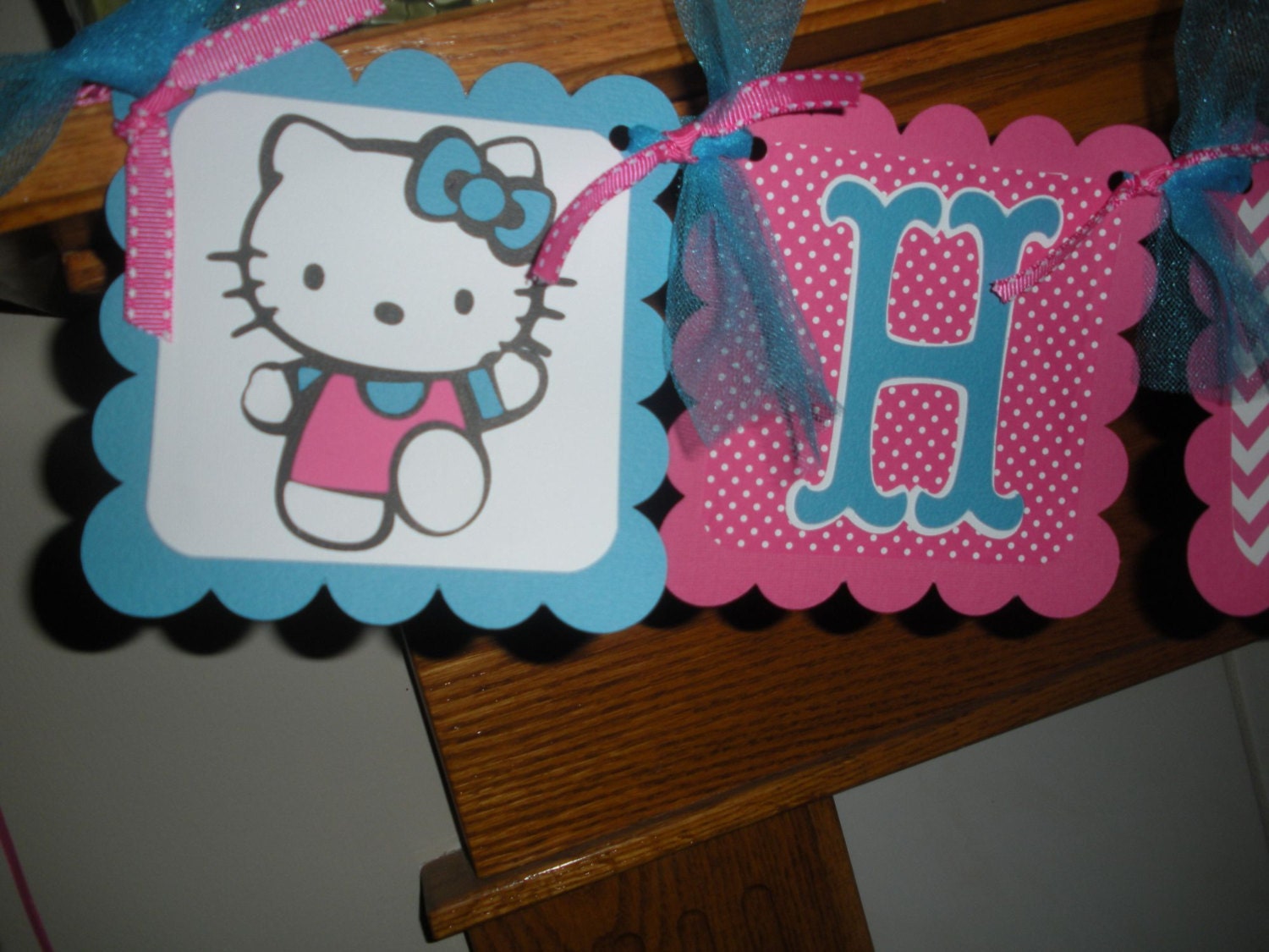 Hello Kitty Happy Birthday Banner Hot Pink Turquoise Matching Tissue Pom Poms are Available