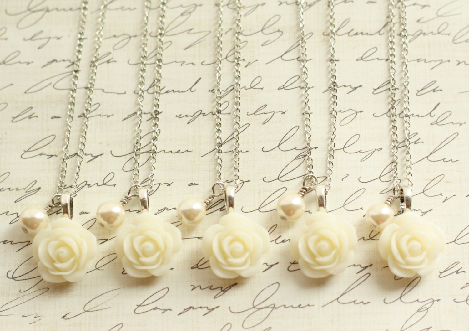 Five Ivory Rose and Pearl Necklaces - Ivory Rose Necklace - Bridesmaid Necklace - Flowergirl Necklace - Ivory Wedding - Cream Wedding