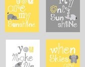 SALE Elephant Art, You are my sunshine Yellow and Gray Art Prints, 4-8x10 prints, Matches Boy or Girl Nursery, nursery, or playroom