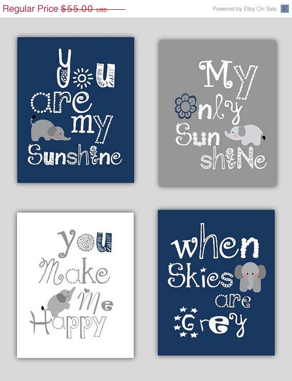 SALE Elephant Art, You are my sunshine Navy Blue and Gray Art Prints, 4-8x10 prints, Matches Boy or Girl Nursery, nursery, or playroom
